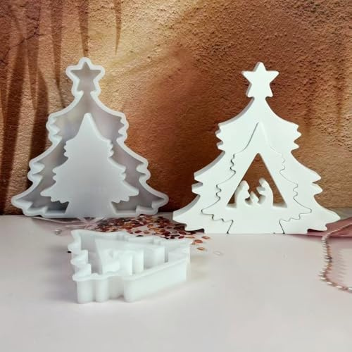 Skeadex Silikonformen Gießformen Weihnachten Krippe Baum, 2er Silikonform Krippe Weihnachtsbaum Silikonform Weihnachten Gips Zum Gießen Weihnachtskrippe Gießformen Silikon Weihnachten Tannenbaum (A)