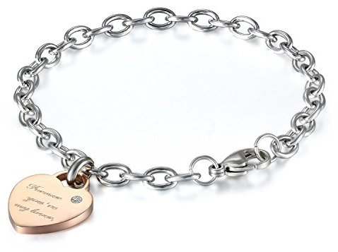JewelryWe Schmuck Damen Armband Edelstahl Elegant Forever You're My Lover Gravur Herz Rolo Kette Charm Charme Armreif Armkette Geschenk Rose Gold Silber