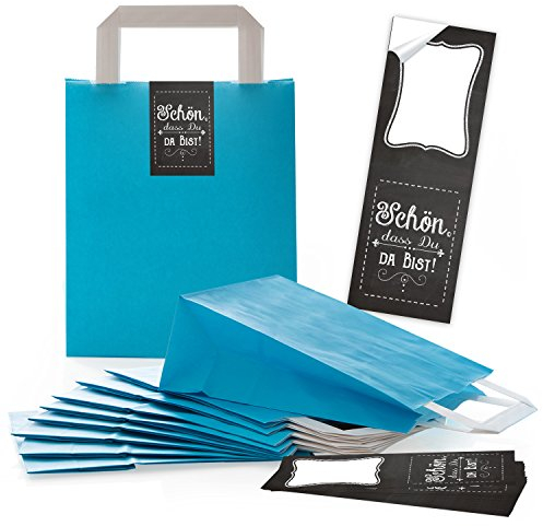 Logbuch-Verlag 10 Papiertüten blau türkis 18 x 8 x 22 cm mit Geschenkaufkleber schwarz weiß Schön, dass du da bist - kleine Papier-Tragetaschen