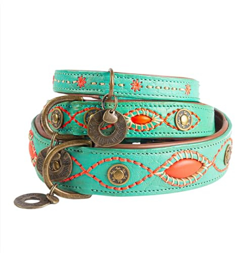 Dog with a Mission - Hundehalsband XXS | Türkises Leder, Orange | Hübsch, Boho, Ethno, Urban, Hippie | Kleine Hunde | Handgemacht | Modisch und Bunt | Aus weichem Echtes Leder | Luxe | 2 cm Breit