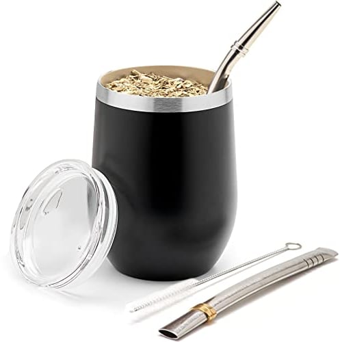 balibetov - Neu - Modernes Yerba Mate Gourd Set (Mate Tasse) - Doppelwandiger 18/8 Edelstahl Enthält zwei Bombillas und eine Reinigungsbürste (SCHWARZ, 355 ml)