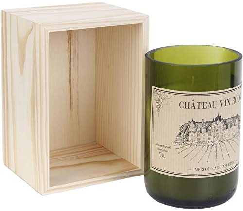Home Deco Factory BO5392 Bougie parfumée Bouteille de vin Château vin Rouge ou Domaine rosé méridional Senteur Bois de Santal Pot Verre Coffret Caisse Bois Vert et Beige H13,6 x 8,1 x 9,1 cm