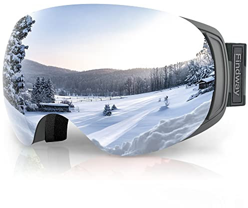 Findway Skibrille für Brillenträger Herren Damen,Snowboardbrille mit Magnetischen Wechselgläsern,Snowboard Brille Magnet Brillenträger Polarisierend OTG,Anti fog, Allwetter Verspiegelt Skibrille