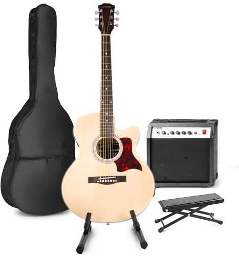 Max Natural Beginner Electric Acoustic Guitar Starter Kit - Complete Package with Amp, Stand & Foot Rest, Ideal for Aspiring Musicians & Beginners Learning Guitars