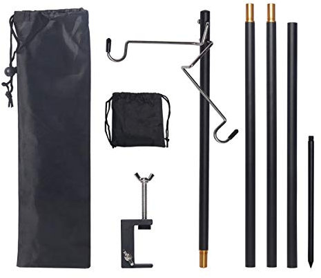 HIKEMAN Camping Folding Lamp Pole - Alluminum Alloy Ultra-Light Portable Lantern Stand For Camping, Picnic, Fishing, Backpacking, Outdoor To Hang Lights, Kitchenware, Cups (Black)