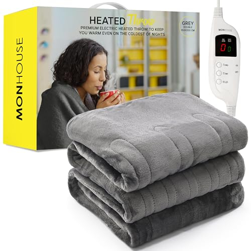 MONHOUSE Heated Throw - Electric Blanket - Digital Controller - Timer up to 9 hours, 9 Heat Settings, Auto Shutoff - Machine Washable - Double 150X200cm - GREY