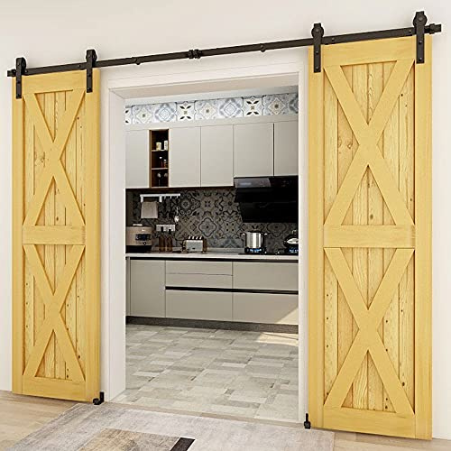 CCJH 9FT/274 cm Ferramenta Kit Binario per Porte Scorrevoli Basculanti in Legno Sistema a Rulliera e Binario per Porte Doppie con Guida a Pavimento Regolabile