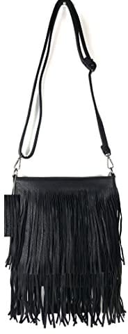 GFM® Schultertasche aus Kunstleder mit weichen Fransen und Quasten, Stil 1, kleine Größe, schwarz., One size