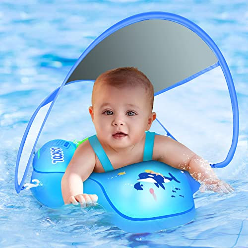 LAYCOL Salvagente neonato galleggiante gonfiabile piscina più nuovo con baldacchino di protezione solare, nuoto galleggiante bambino per l'età di 3-36 mesi (Blu scuro, S)