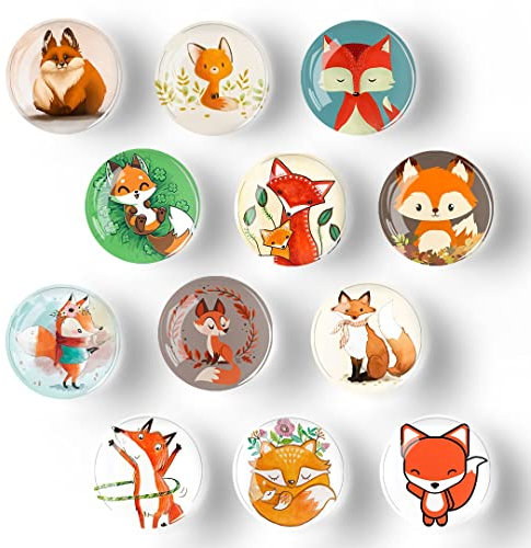 12 Stück Glas-starke magnetische Kühlschrank-Aufkleber, niedliche Fuchs-Kühlschrankmagnete, Dekoration zum Basteln, starke Kühlschrankmagnete für Küche, Schule, Whiteboard, Schrank und Geschirrspüler