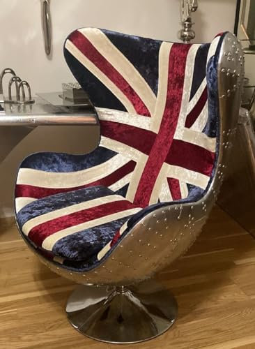 Casa Padrino Designer Aluminium Drehsessel Silber/UK Design - Wohnzimmer Sessel in Ei Form mit England Flagge - Flugzeug Möbel - Flieger Möbel - Aluminium Möbel - Luxus Möbel Union Jack
