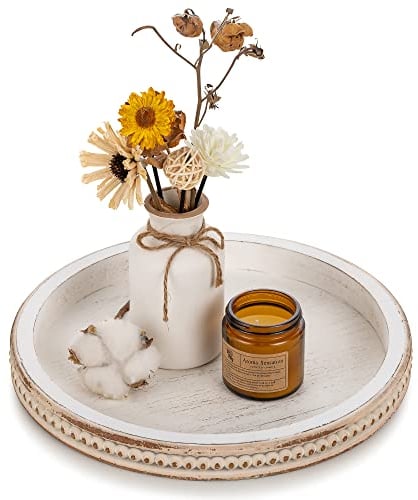 Hanobe Bandeja decorativa de madera redonda: bandeja de cuentas blancas lavada para mesa de café, bandeja de centro de mesa vintage para sala de estar, hogar y baño organizador