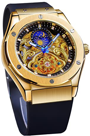 FORSINING Herren-Armbanduhr, automatisch, selbstaufziehend, mit schwarzem Silikonband, Retro-Skelett, Mondphase, großes Zifferblatt, mechanische Armbanduhr, gold, Armband