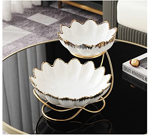 AVLUZ 2-Tier Fruit Bowl, Ceramic Fruits Snacks Candy Plate with Metal Pedestal, Nuts Dried Fruit Display Stand, Desktop Decorative Ornaments