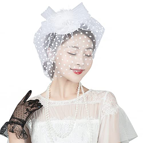 Faszinator Hut Hochzeit Kopfschmuck Fascinator Schleier Mesh Stirnband und Kurze Spitzen Handschuhe für Damen Frauen Elegant Fascinator Haarreif Cocktail Tee Party Accessoires Kopfbedeckung