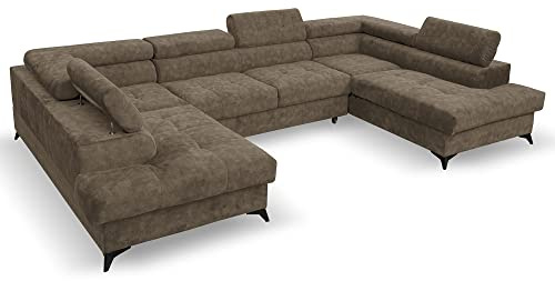 Margaret Hadas24 Ecksofa U Form Palermo, Schlaffunktion, Bettkasten, 345x202 cm, Verstellbare Kopfstützen Sofa XXL, 5 Sitzer Schlafsofa Schlafcouch big Sofa Bettsofa Wohnlanschaft Bettzeugablage braun
