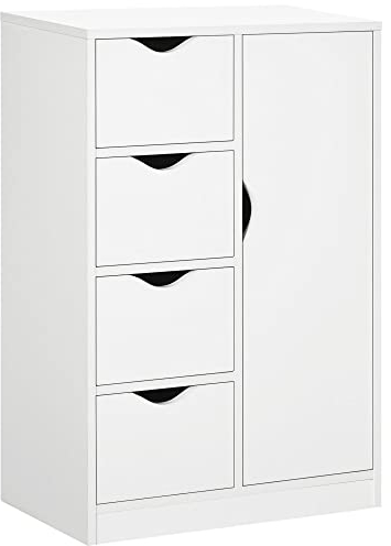 HOMCOM Bathroom Floor Cabinet, Freestanding Storage Unit with 4 Drawers and Door Cupboard for Living Room, Kitchen, Bedroom, White