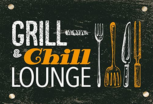 mrdeco Metall Schild 20x30cm gewölbt Grill & Chill Lounge Grillen Deko Blechschild Tin Sign