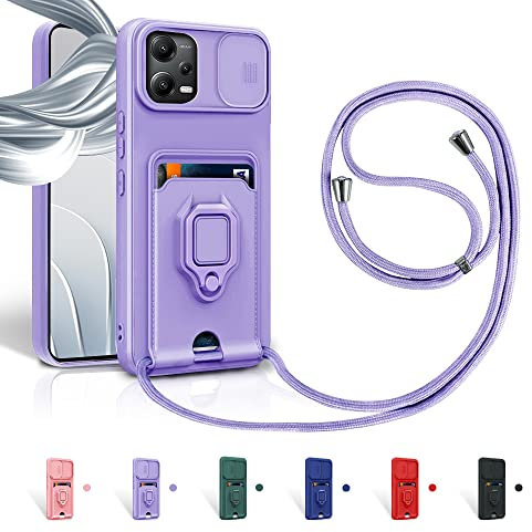 Aithne Cordon de Coque pour Xiaomi Redmi Note 12 Pro 5G / Poco X5 Pro 5G,Couvercle Coulissant de la Caméra+Support Annulaire à 360 Degrés,Fentes pour Cartes Lanyard Silicone Case -Pourpre