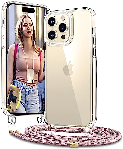 Vaykwo Handykette mit Band für Apple iPhone 14 Pro Hülle - Necklace Handyhülle - Transparente Case zum Umhängen mit Kameraschutz und Bildschirmschutz - Roségold