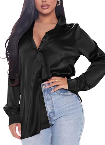Navneet Women Satin Blouse Button Down Long Sleeve Satin Shirts Collar Blouses Casual Office Work Going Out Tops Black M