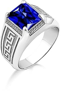Blauer Saphir-Herren-Solitärring Mit Graviertem Mäander, 925Er Silber Großer Blauer Stein-Statement-Ring Für Männer, Griechischer Ring, Ring Für Männer