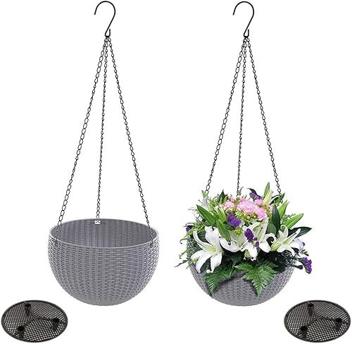 ADRF 2 Stücke Blumenampel, Körbe Blumenampel, Haken Hängeampeln, Blumenampel Strick Halterung, Makramee Hängeampel, Hängepflanztopf Rattan, für Innen und Außenbepflanzung (Grau)