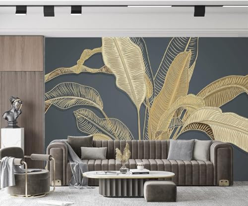 3D Soie Papier Peint Panoramique Jungle Plantes Tropicale, 500 X 280 cm Noir et Or Feuille de Bananier Grandes Murales Tapisserie pour Salon, Adulte Chambre d'enfants, Étude Décoration