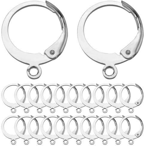 SUNNYCLUE 1 Box 80Pcs Huggie Hoops Round Leverback Earring Hooks Stainless Steel Lever Backs Silver Hinged Huggie Hoops with Loops Earwires Leverbacks Ear Wires for Jewellery Making Earrings Findings