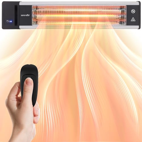 SereneLife Infrared Patio Heater, 1500W, IP65 Approved, Odorless, Wall-Mounted Heater with Remote, Indoor/Outdoor for Patio, Restaurant, Backyard, Garage, Decks