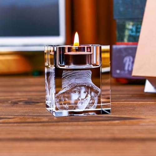 Portavelas De Cristal con Foto 3D Personalizado Candelabros Té para Velas con Texto Personalizada para Fiesta Boda Bar Navidad Decoración De Mesa,Regalo De Cumpleaños (5x5x6cm)