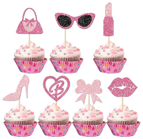 Biendo 32 PCS Glitter Pink Princess Cupcake Toppers Girl Cupcake Picks Handbag Glasses Bow Tie Lipstick High Heel Cake Decorations for Girl Princess Theme Bridal Shower Wedding Birthday Party Supplies