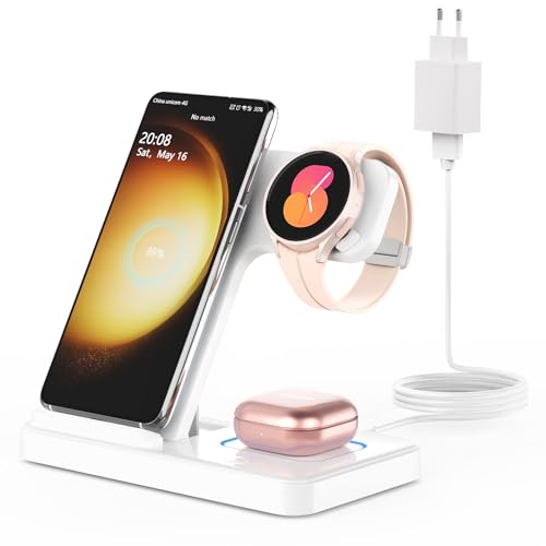 GEEKERA Induktive Ladestation für Samsung, 3 in 1 Faltbare Wireless Charger für Samsung S25/S24/S23/S22/S21, Induktionsladegerät für Galaxy Watch 7/6/5/4/3, Kabelloses Ladegerät für Galaxy Buds-Weiß