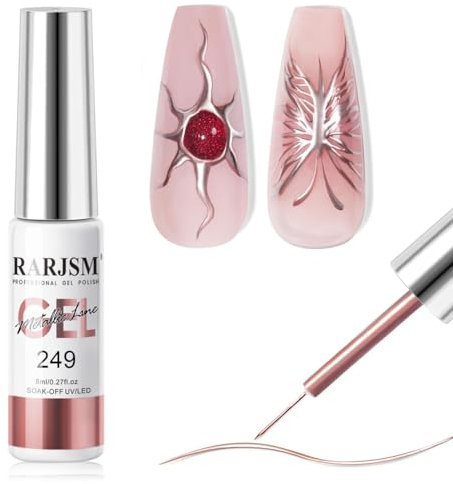 RARJSM Metallic Nail Art Gel Liner Rose Gold Mirror Chrome 3D Effect 8ml Build in Thin Brush Metal Painting Drawing Striper Thin Brush Gel Polish Soak off UV LED Curing Requires for Home Salon