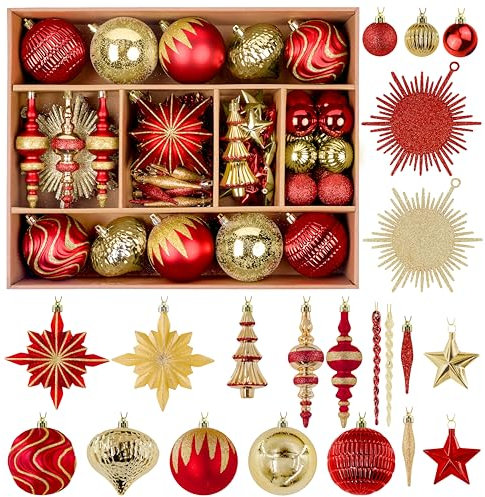 Alupssuc 80pcs Christmas Tree Baubles Xmas Tree Balls Decorations for Christmas Plastic Baubles Hanging Ornament Shatterproof Bulbs Gifts for Tree Party/Home Hanging Decor with Hooks Red and Gold