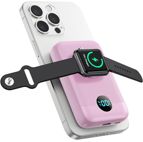 Power Bank Magnético para MagSafe, 10800mAh Bateria Externa Inalámbrica QC4.0+PD 22,5W USB C Carga Rapida Bateria Portatil con Pantalla LCD Powerbank para Apple Watch/iPhone 16/15/14/13/12 Series-Rosa