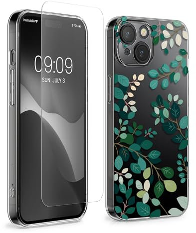 kwmobile Coque Compatible avec Apple iPhone 15 Coque - Housse de Téléphone Souple en TPU avec Film Écran en Verre Trempé - Vert-Transparent