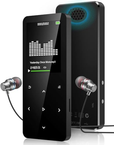 64GB MP3 Music Players with Bluetooth 5.2, Aimno Music Players with Speaker, FM Radio and Voice Recorder, Earphone & Storage Case Included - Black with Black Carrying Case