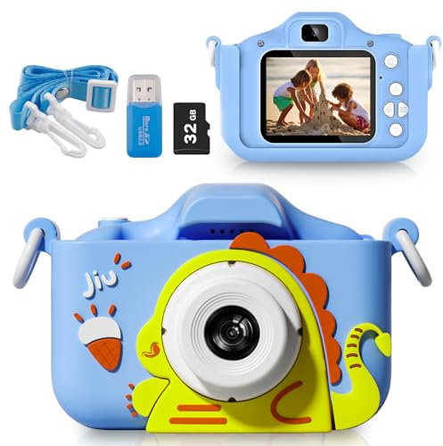 Kids Digital Camera, 48MP & 1080P HD Video, 32GB Card, Dinosaur Case, Selfie Camera for Boys & Girls (Blue)