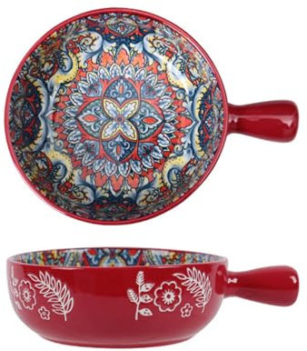 KKgud 1 Pack Hand-Painted Ceramic Serving Bowl with Handle, 6 Inches Round Salad Bowl - Bohemian Pattern (Red)