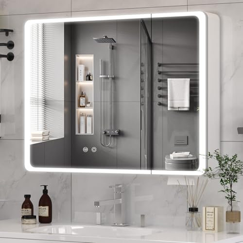 Buildonely Spiegelschrank Bad mit LED Beleuchtung, Badezimmer Spiegelschrank mit Antibeschlag-Funktion, 2 Türen für Badezimmer, Touchscreen-Steuerung, 80 x 70 cm, Aluminiumlegierung