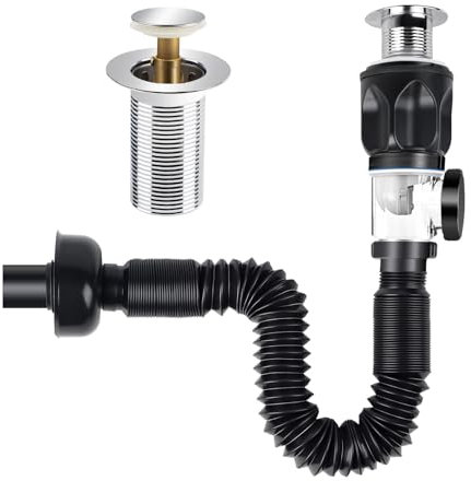 EXLECO Waschbecken Ablaufgarnitur Kit Edelstahl Abflussstopfen mit Kunststoff Einziehbar Ablaufschlauch, Pop Up Ablaufventil Geruchsverschluss Abflussrohr Siphon Wasserrohr für Küchenspüle Waschbecken