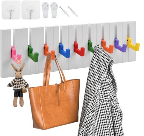 Focenat Garderobenhaken Holz, Kleiderhaken Garderob, Faltbare Garderobenleiste, Wandhaken mit 9 Haken, Klavier, Bunt, Wandgarderobe für Jacken, Küchen, Türen, Badezimmer, Schlafzimmer