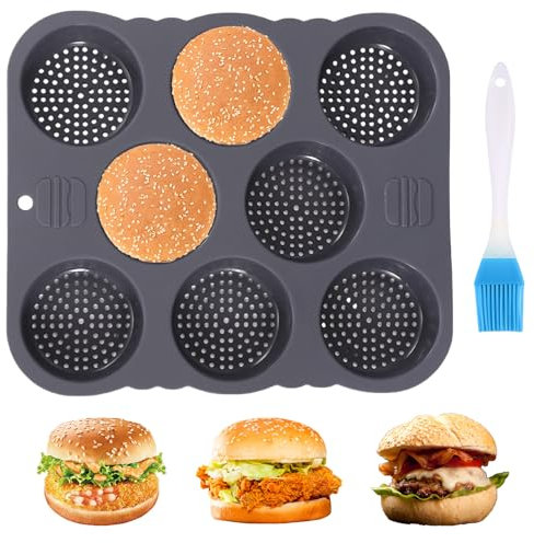 Yallmie 8 Cavités Moule à Pain Hamburger, Rond 8cm Moule Pain Hamburger Silicone, Résistant à la Chaleur Moule Pain Burger Outils de Cuisson pour Muffins, Gâteau au Chocolat, Lave-Vaisselle