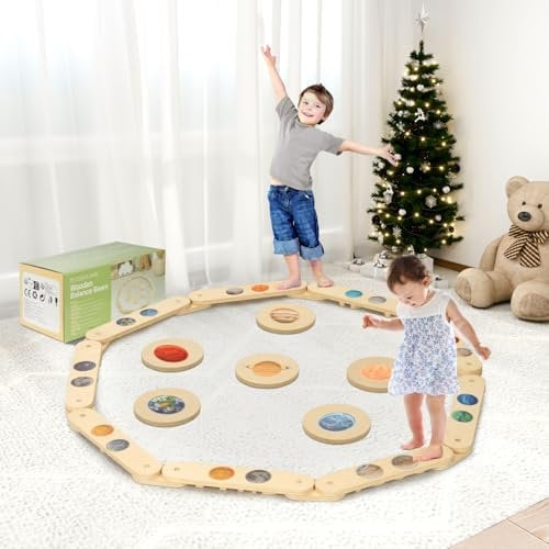 COSYLAND Trave di Equilibrio in Legno per Bambini, Design Doppia Faccia, Giocattolo Montessori per Equilibrio e Coordinazione, Bordo Sicuro Arrotondato per Interni/Esterni(Universo)