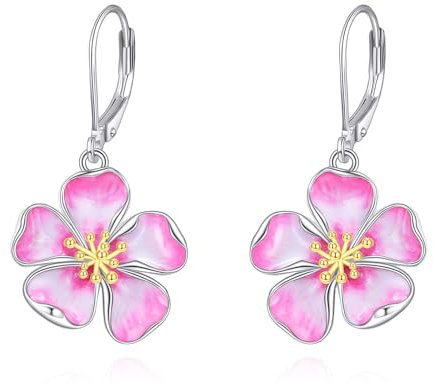 AXELUNA Orecchini a forma di fiore di ciliegio per le donne in argento sterling rosa smalto ciliegio fiore penzolare goccia orecchini gioielli regali per madre moglie, Normal, Argento sterling,