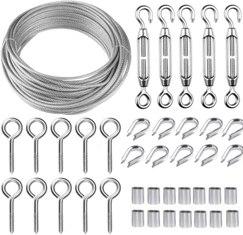 Drahtseil Rankhilfe Set Edelstahlseil 3mm, Pflanzendraht Stahlseil Mit Ösen 20m Pflanze Kletterhilfe Drahtseil Rankhilfe Gurken für Terrassengeländer wäschespinne String Licht Aufhängen, Garten Draht