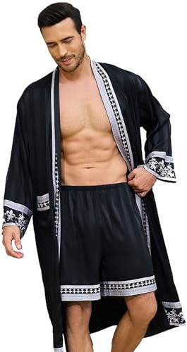 Generisch Tuta da uomo in raso, set con stampa, pigiama, vestibilità larga, vestaglia e pantaloncini, morbida, comoda, biancheria da notte lunga e larga, leggera, delicata sulla pelle