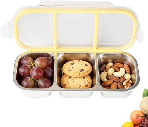 BUCOMTU Snackbox mit Fächern, Snackteller mit 3 Fächern aus Edelstahl, Leckdichte Snackdose, Brotdose Kinder, Brotdose mit Fächern, Bento Box für Süßigkeiten Gewürze Nüsse Keksen