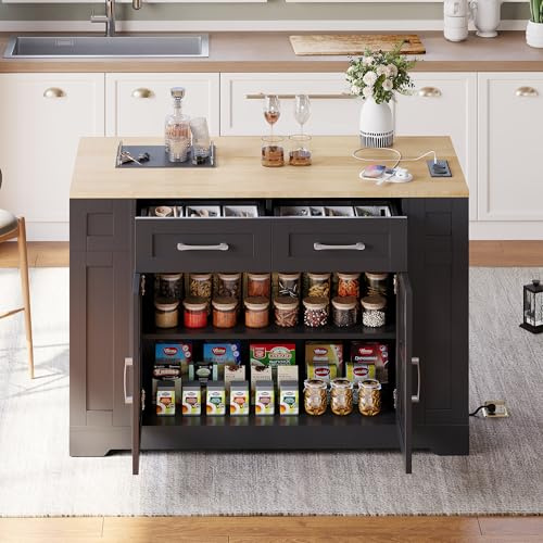 Isla de cocina portátil de 120 cm con mesa de comedor plegable, estante abierto, puerto AC y USB, puerta de cristal, estantes ajustables, ruedas frenables, para cocina, comedor y sala de estar, color